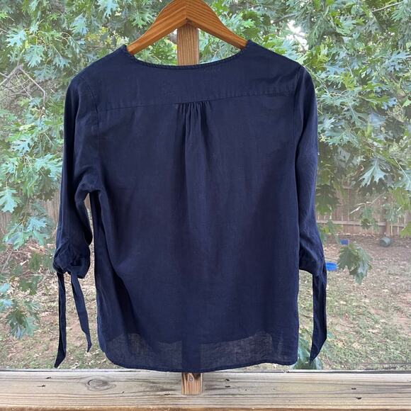 Claire Woman 100% Linen Dark Navy V-Neck Tie Sleeve Top Size M - Picture 2 of 7